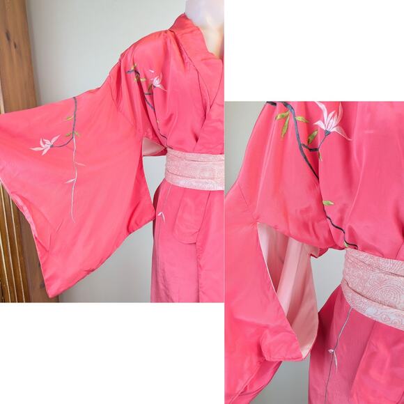 VTG Japanese Kimono OS Pink White Silky Embroidered Chrysanthemums Florals Birds - Picture 6 of 12